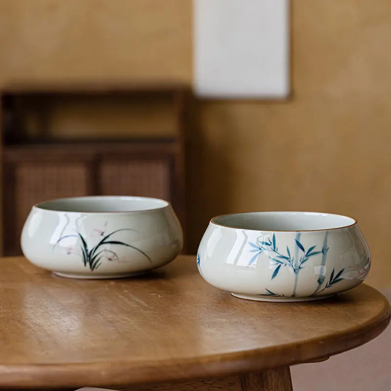 Bassin thé orchidée gris herbe peint main grand céramique – Accessoire cérémonie thé artisanal Dropshipman