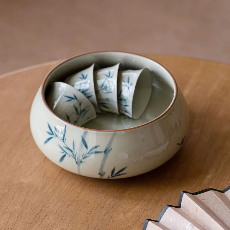 Bassin thé orchidée gris herbe peint main grand céramique – Accessoire cérémonie thé artisanal Dropshipman