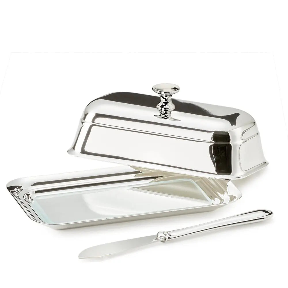 Beurrier EDZARD Mary avec assiette en verre, argenté, 8 x 13 cm, avec couteau à beurre assorti EDZARD-SHOP.com