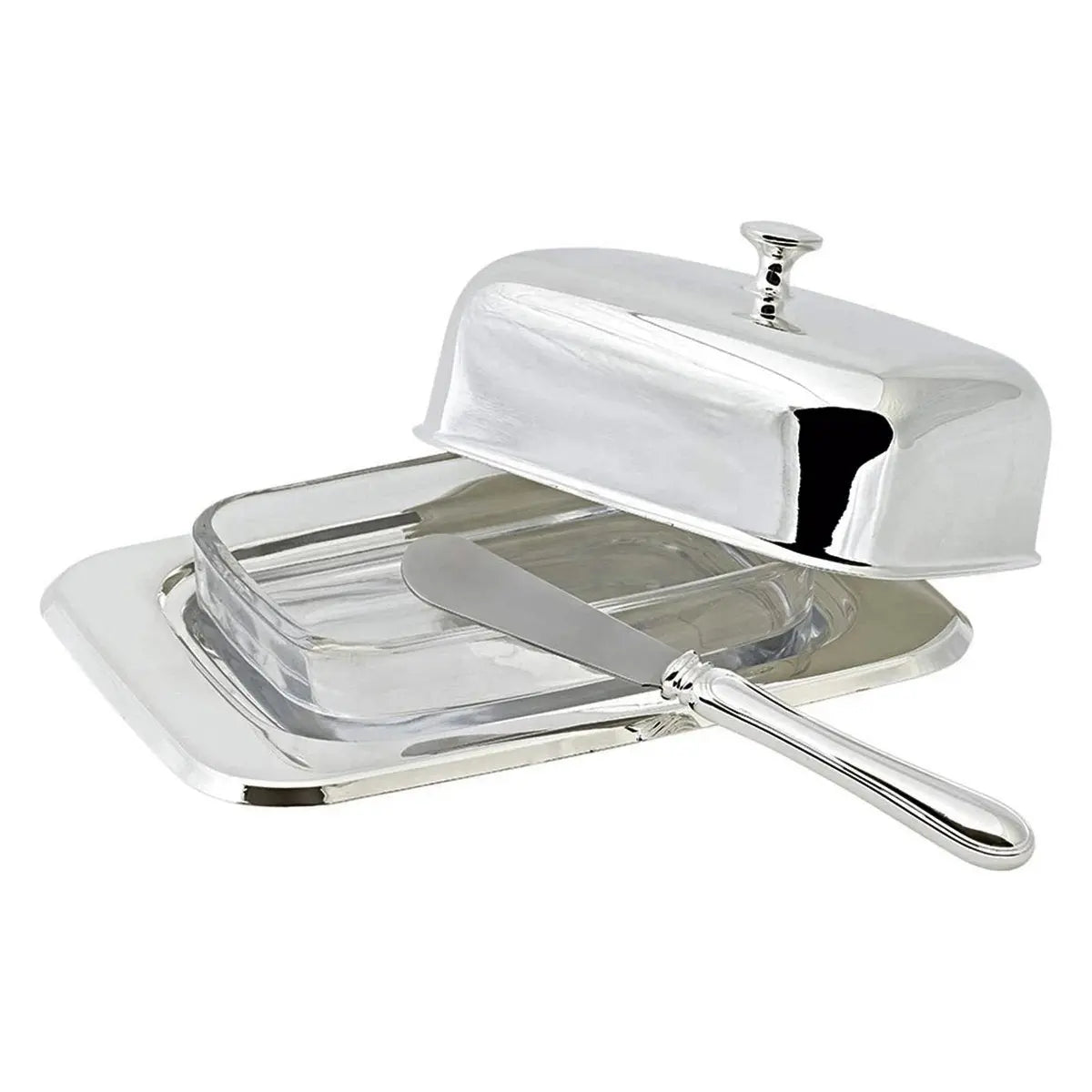 Beurrier EDZARD Mista 13x18 cm, H 8 cm, insert en verre, argenté, avec couteau à beurre EDZARD-SHOP.com