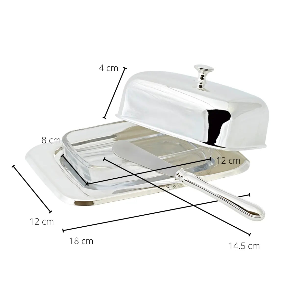 Beurrier EDZARD Mista 13x18 cm, H 8 cm, insert en verre, argenté, avec couteau à beurre EDZARD-SHOP.com