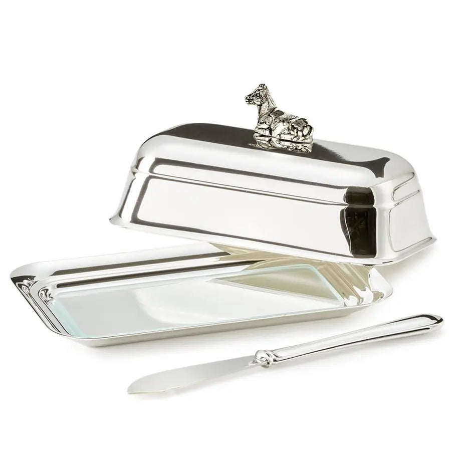 Beurrier EDZARD avec assiette en verre, argenté, 8 x 13 cm, avec couteau à beurre assorti EDZARD-SHOP.com