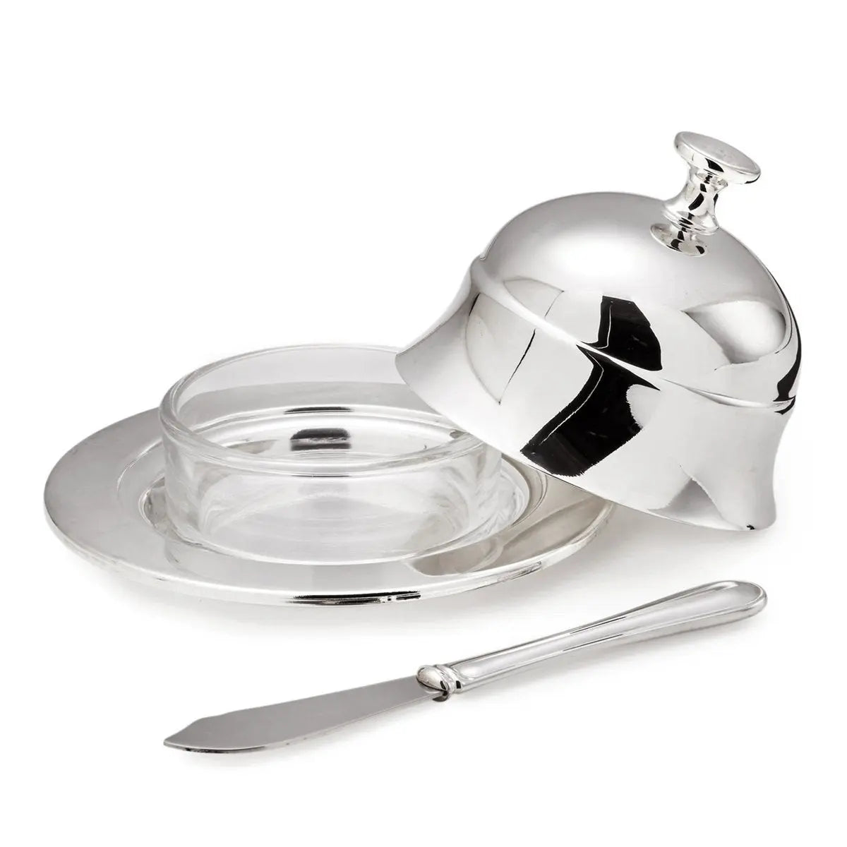 Beurrier EDZARD cloche à beurre Epe, diamètre 11 cm, argenté, avec couteau à beurre assorti 18 cm EDZARD-SHOP.com
