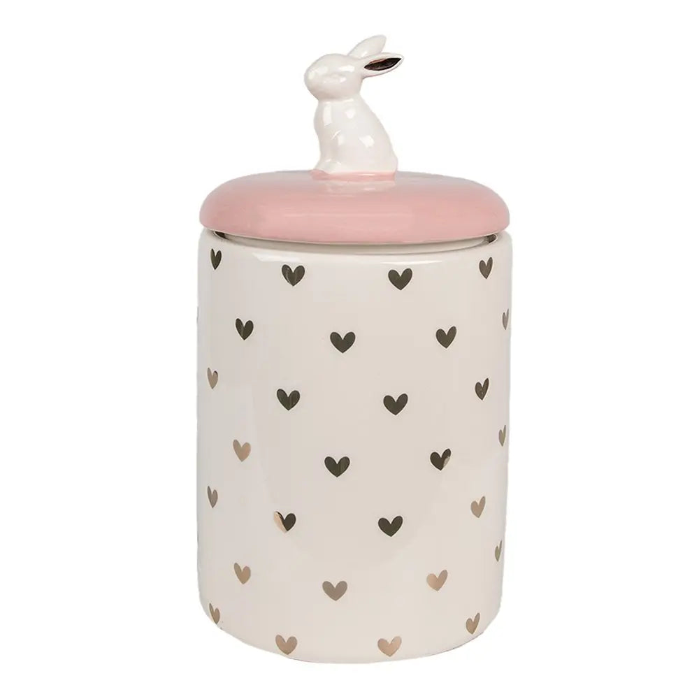 Bocal de stock lapin Ø 13x30 cm cm rose blanc cœurs de céramique couvercle bocal Clayre & Eef.