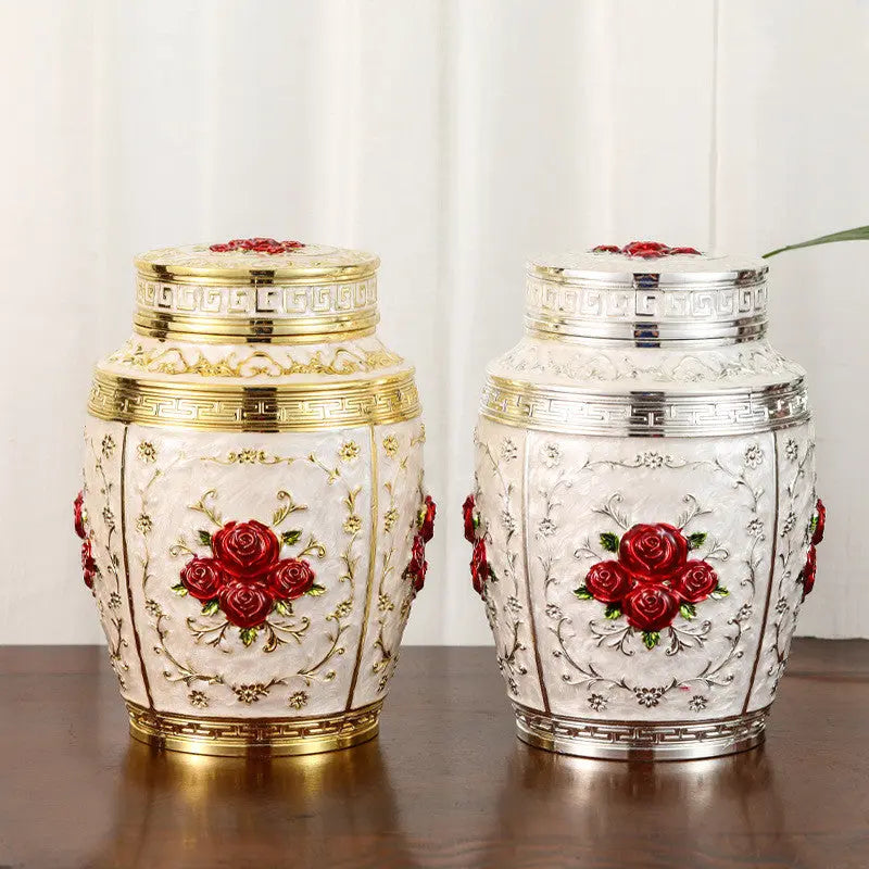 Boîte Thé Élégante Haut de Gamme Scellée Grande Capacité – Caddy Alliage Zinc Électroplaqué Motif Roses Européen 580g Dropshipman
