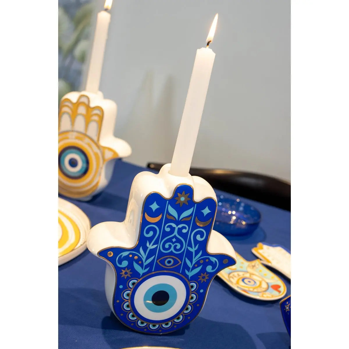Bougeoir main oeil bleu nuit 17.5x6.2x20cm AULICA