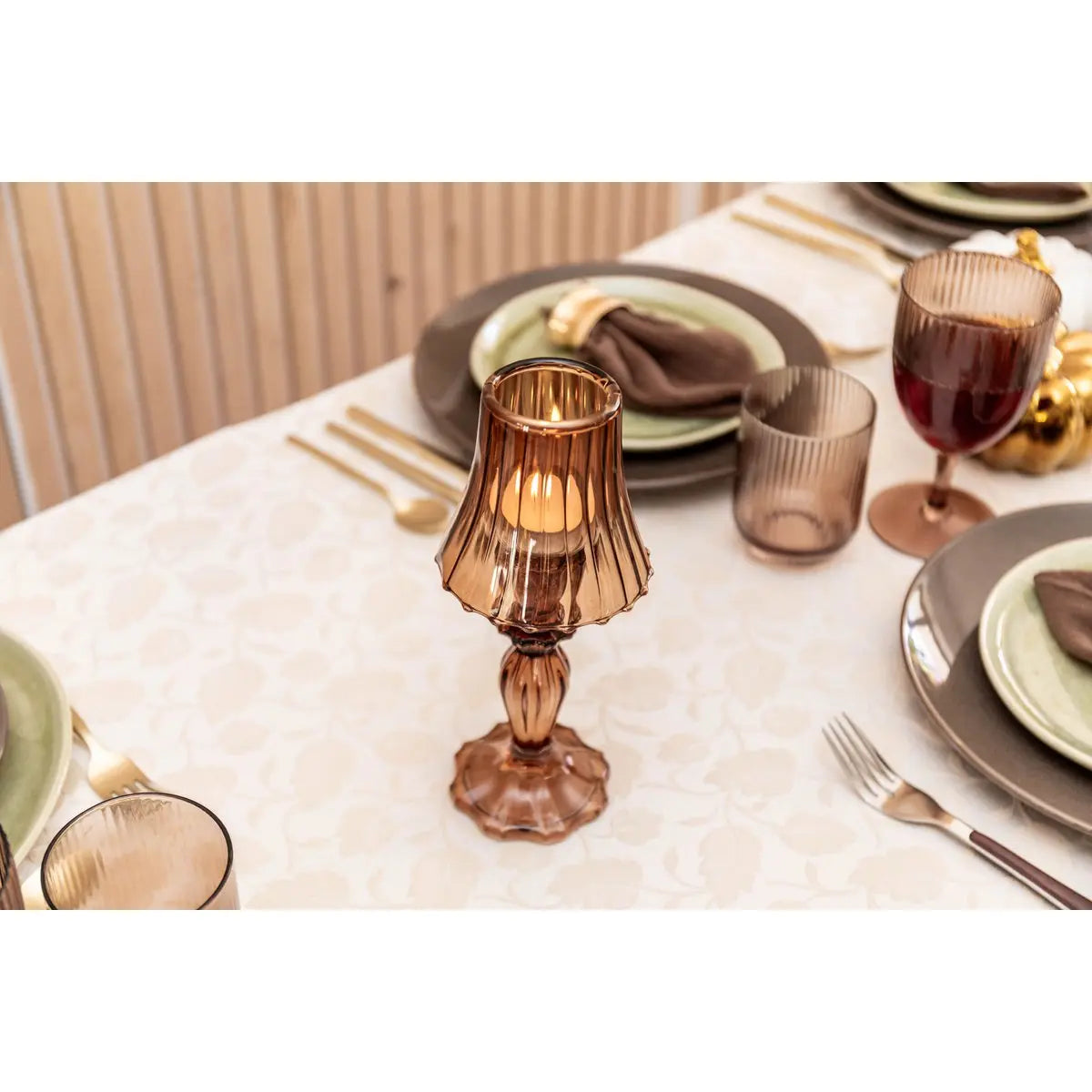 Bougeoir marron sur pied en verre 10x10x24.5cm AULICA