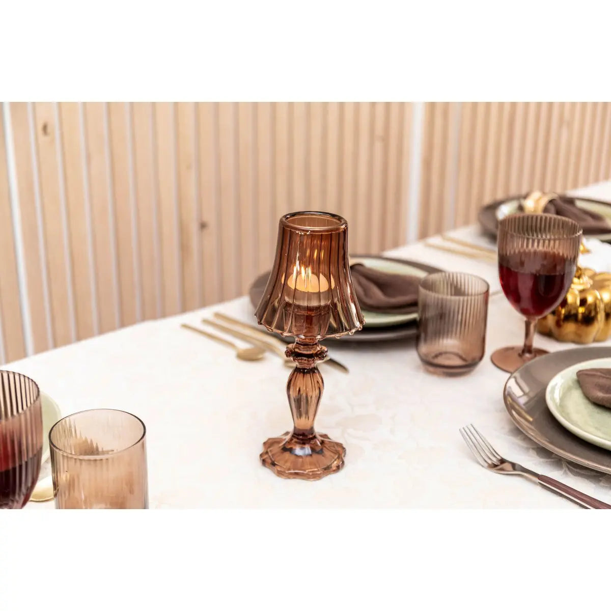Bougeoir marron sur pied en verre 10x10x24.5cm AULICA
