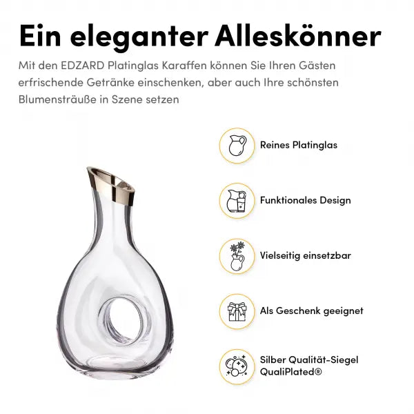 Carafe EDZARD Gordon, verre en cristal soufflé à la bouche avec bord en platine, hauteur 30 cm, capacité 1,2 litre EDZARD-SHOP.com