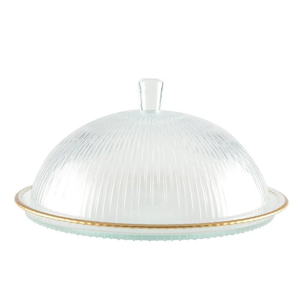 Cloche en verre bords dorés sur plat 32x32x17cm AULICA