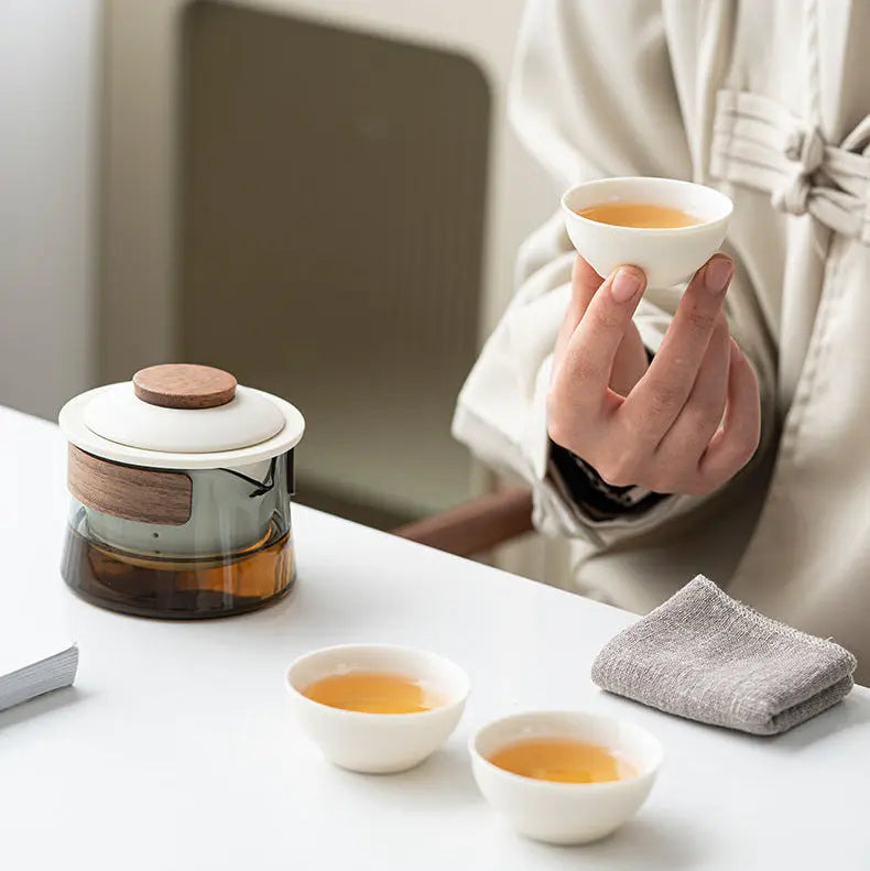 Coffret Thé Voyage Élégant Portable Extérieur Express – Service Céramique Verre 1 Théière 3 Tasses 200ml Dropshipman