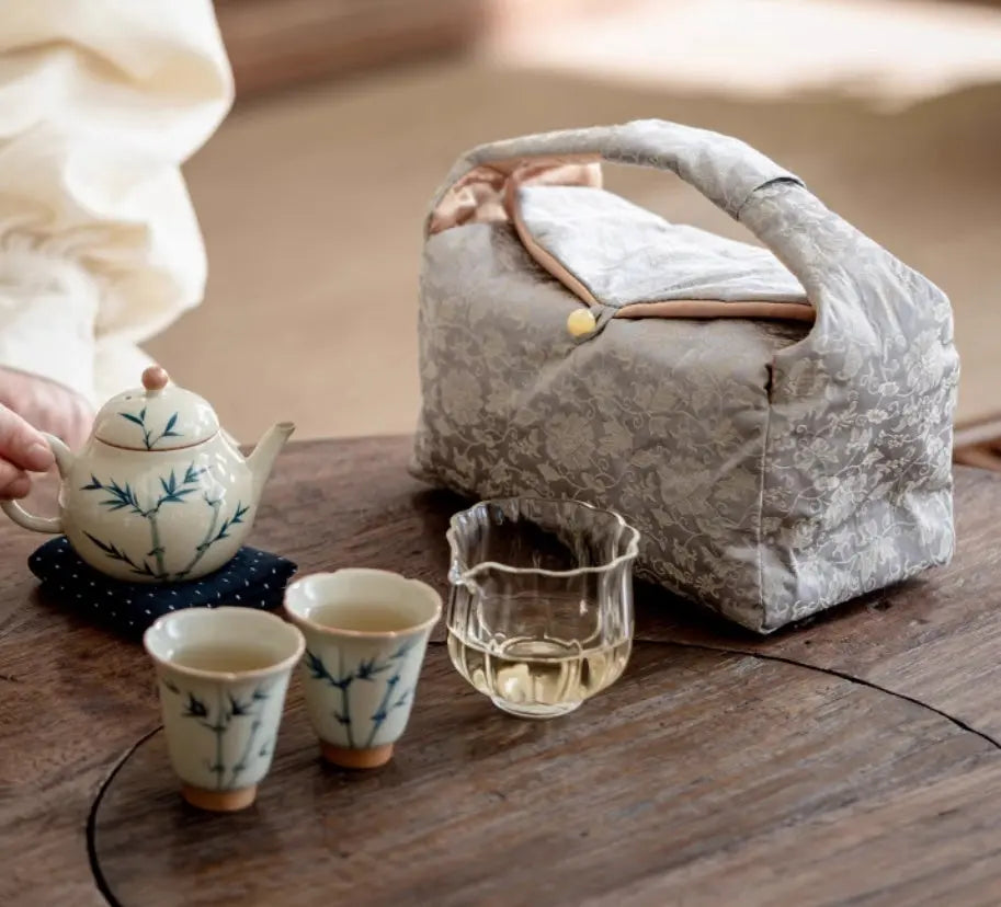 Coffret thé élégant peint main bambou en porcelaine Gaiwan – Service thé sous-glaçure Dropshipman