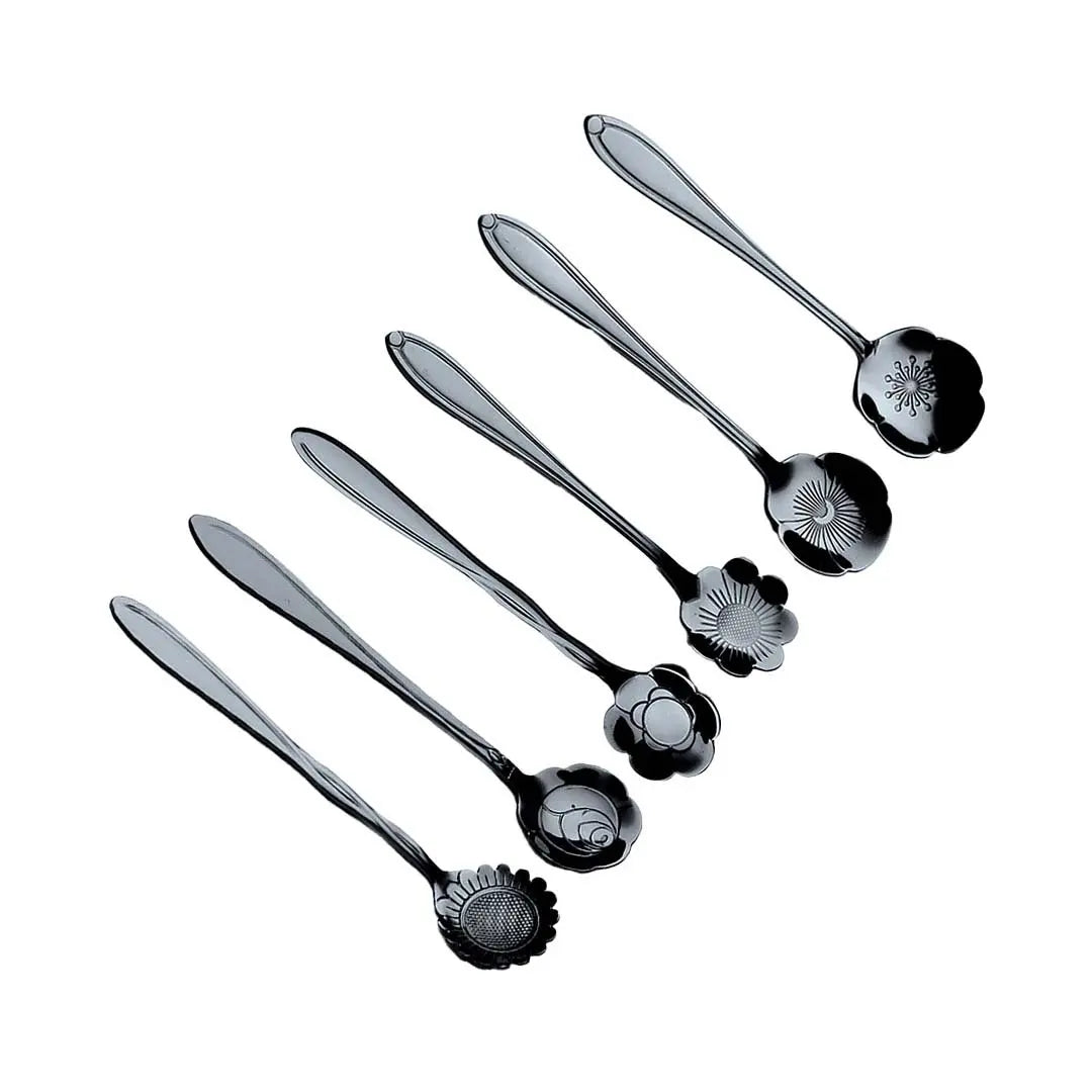 Cuillères à dessert fleurs assorties noires - lot de 6 AULICA