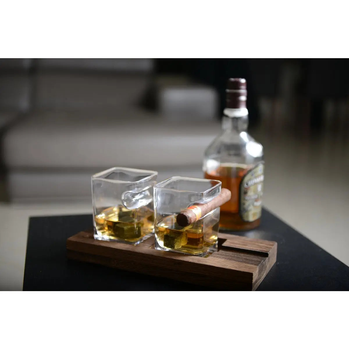 Duo whisky deux verres support bois 4 glaçons pierre céramique AULICA