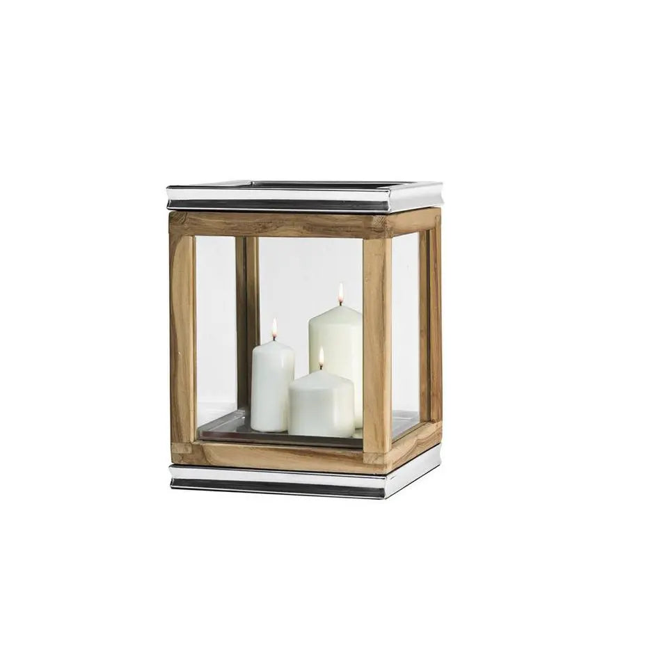 EDZARD Lantern Dubai, teck et acier inoxydable, nickelé brillant, hauteur 34 cm, poids 4,4 kg EDZARD-SHOP.com