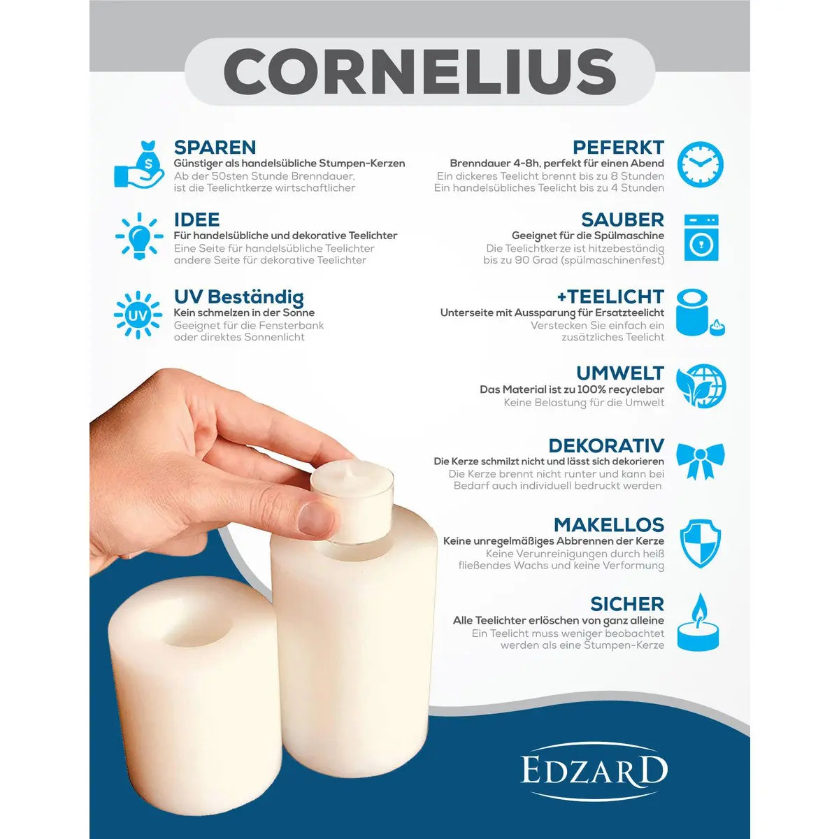 EDZARD photophore bougie permanente Cornelius pour maxi bougie chauffe-plat, hauteur 12 cm, ø 10 cm, résistant à la chaleur 90 degrés EDZARD-SHOP.com