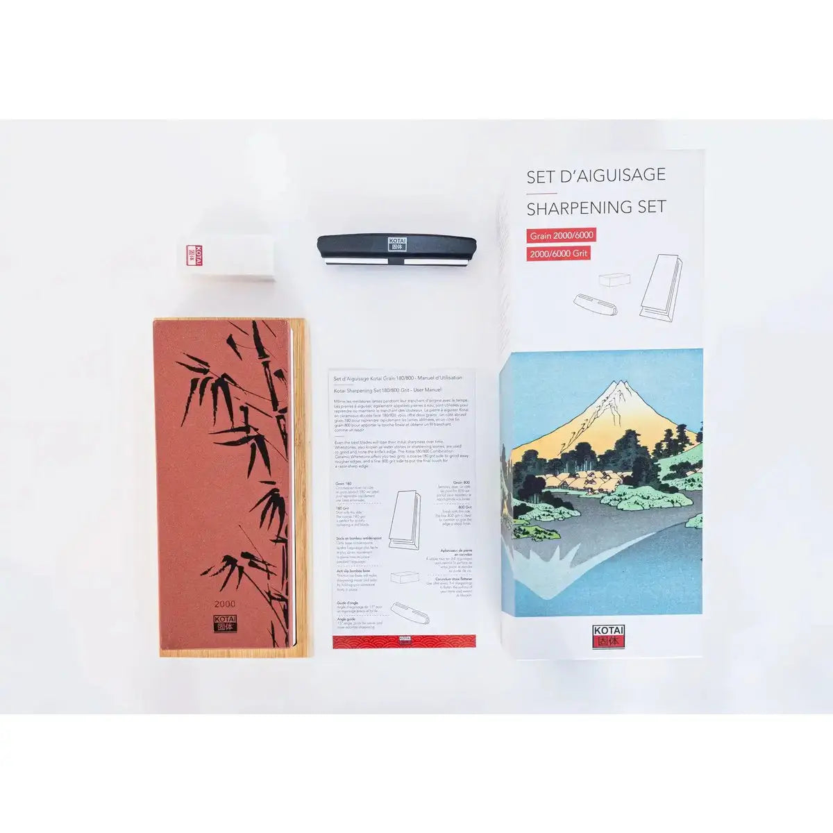 Kitchen Accessories - KOTAI sharpening set with double-sided 2000/6000 grit whetstone, anti-slip bamboo base, flattening stone and 15 degrees angle guide KOTAI kitchen