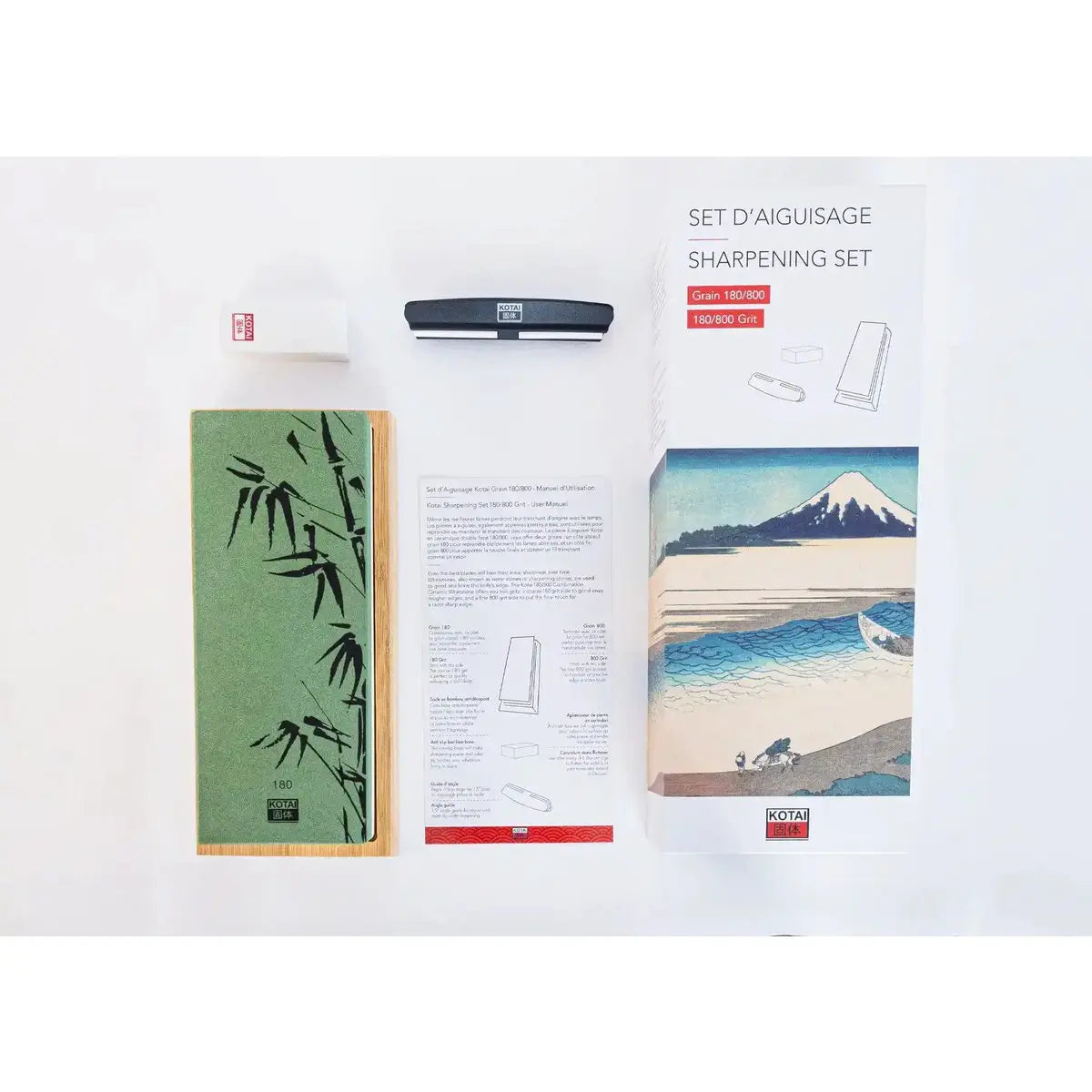 Kitchen Accessories - KOTAI sharpening set with double-sided 400/1000 grit whetstone, anti-slip bamboo base, flattening stone and 15 degrees angle guide KOTAI kitchen