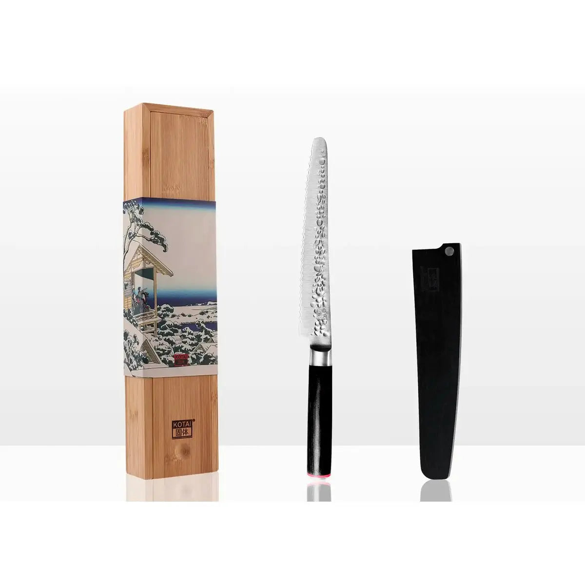 Knife - Serrated bread/pastry knife with bamboo Saya and bamboo box - 200 mm blade KOTAI kitchen