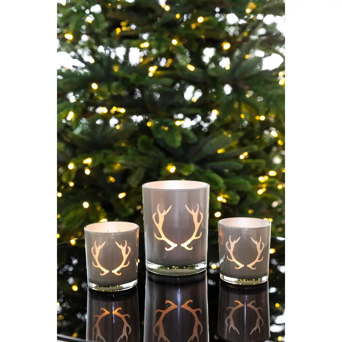 Lanterne Ati (hauteur 13 cm, ø 10 cm), motif bois de cerf, gris EDZARD-SHOP.com