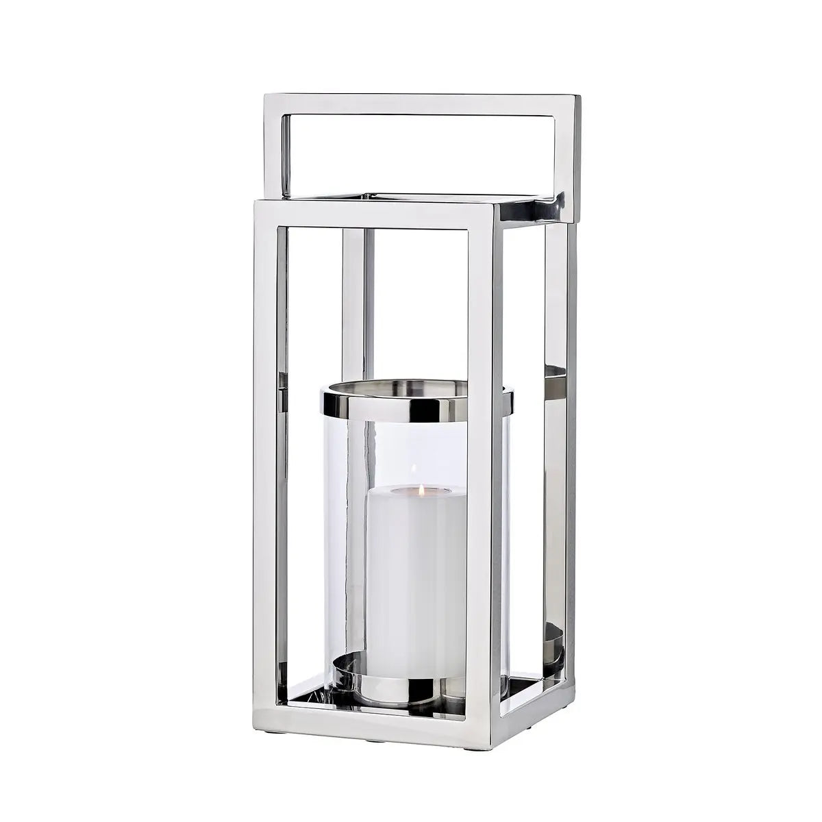 Lanterne EDZARD Manhattan avec poignée, acier inoxydable nickelé brillant, verre intérieur rond, hauteur 58 cm EDZARD-SHOP.com