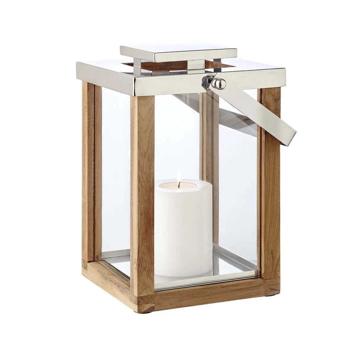 Lanterne EDZARD Miami avec manche rabattable, bois et inox nickelé brillant, hauteur 45,5 cm EDZARD-SHOP.com