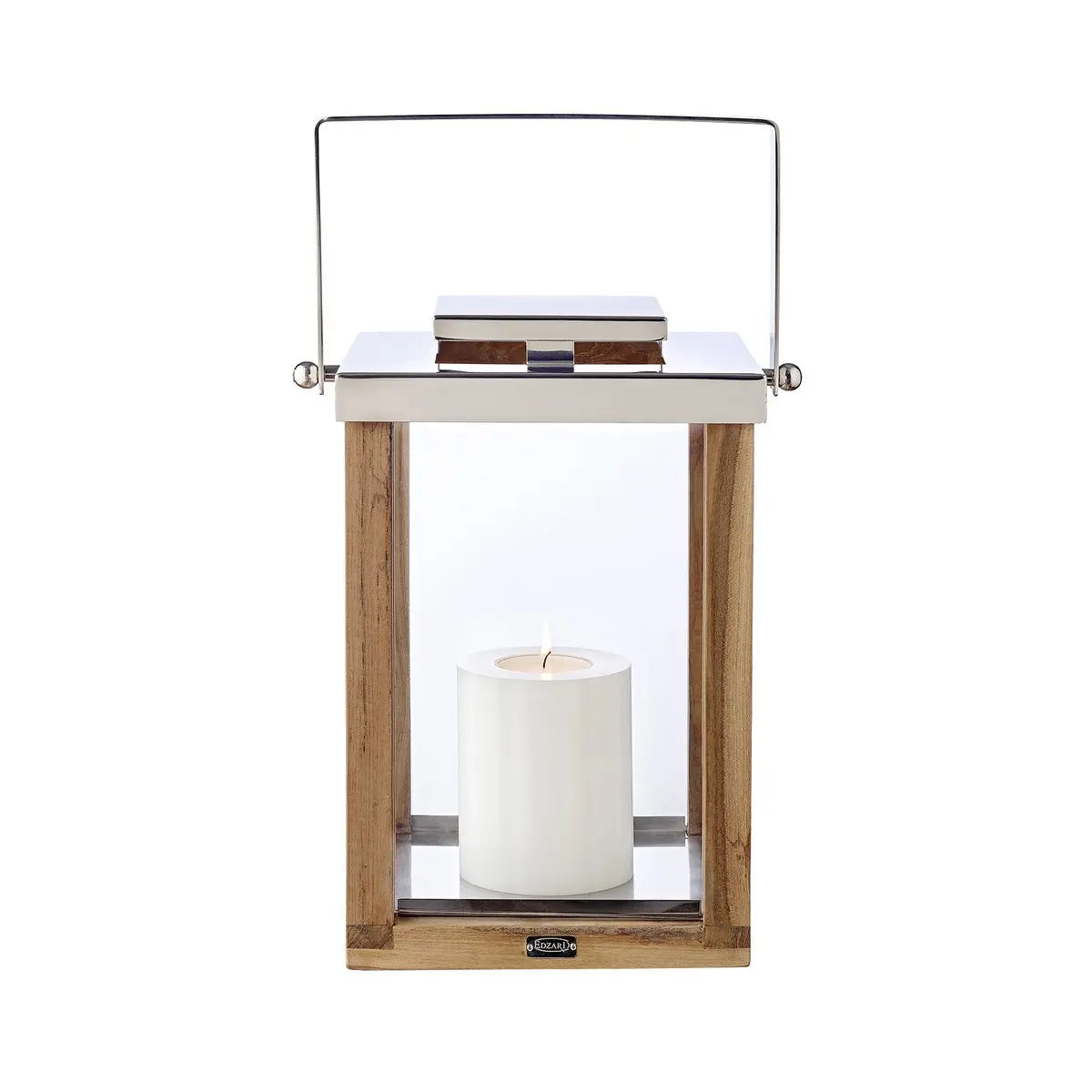 Lanterne EDZARD Miami avec manche rabattable, bois et inox nickelé brillant, hauteur 45,5 cm EDZARD-SHOP.com