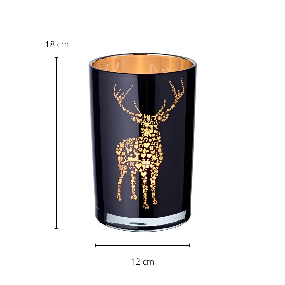 Lanterne Fancy (hauteur 18 cm, ø 12 cm), verre pour bougie chauffe-plat avec motif cerf, extérieur noir/intérieur doré EDZARD-SHOP.com