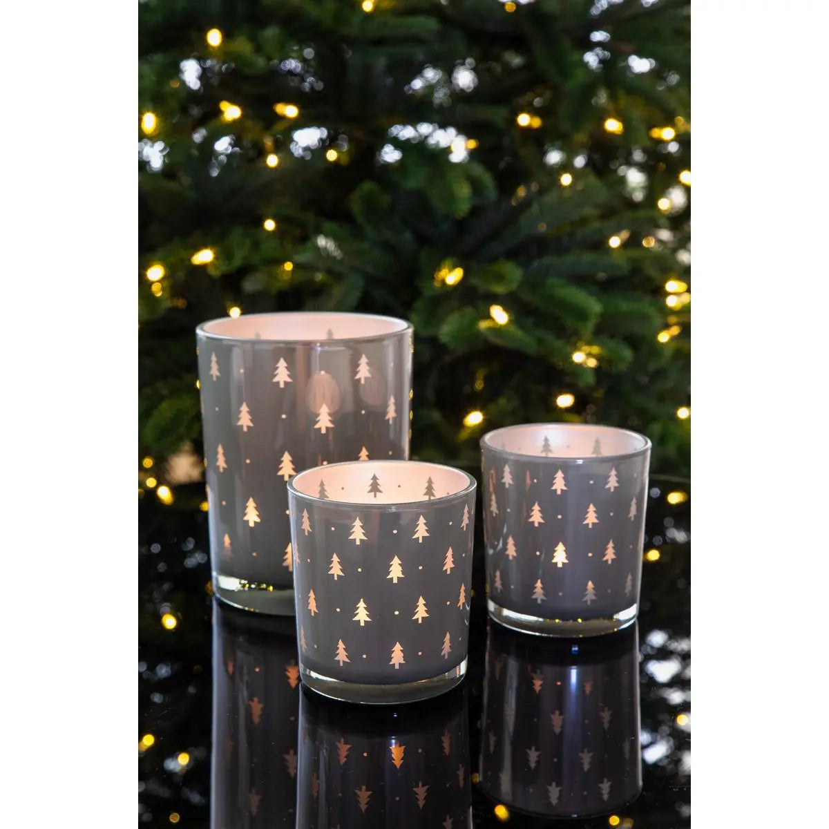 Lanterne Tani (hauteur 13 cm, ø 10 cm), motif sapin, gris EDZARD-SHOP.com