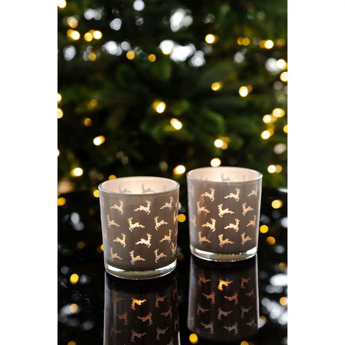 Lot de 2 verres à bougie Hiti (hauteur 8 cm, ø 7 cm), gris, lanterne avec motif rennes EDZARD-SHOP.com