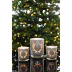 Lot de 2 verres à bougies chauffe-plat Ati (hauteur 8 cm, Ø 7 cm), gris, lanterne avec motif bois de cerf EDZARD-SHOP.com