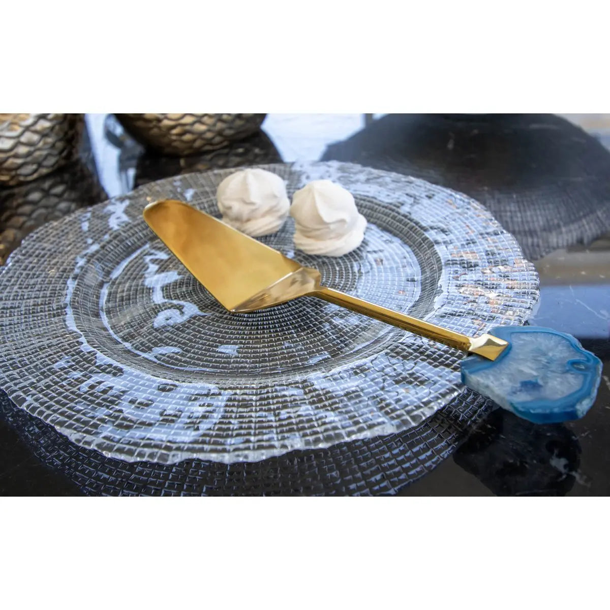 Pelle à tarte dorée pierre agate bleue AULICA