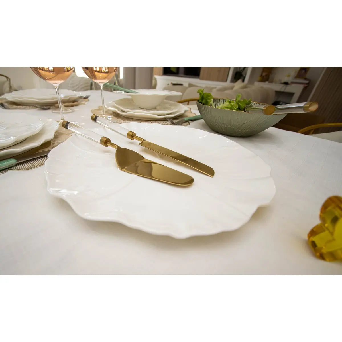 Pelle à tarte et couteau dorés avec manche transparent AULICA
