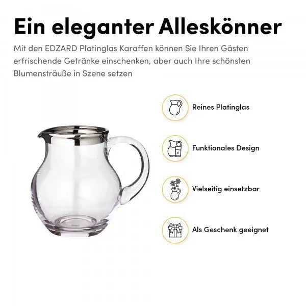 Pichet EDZARD Olivia, verre en cristal soufflé à la bouche avec bord en platine, hauteur 17 cm, capacité 1,5 litre EDZARD-SHOP.com
