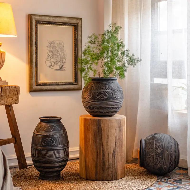 Pot Fleur Décoratif Art Africain Ancien Ciment–Jardinière Ethnique Sol Moyen 5.5kg Dropshipman