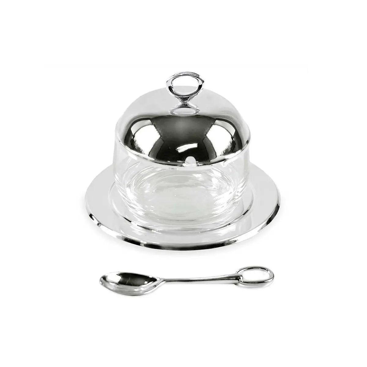 Pot à confiture EDZARD Jago avec soucoupe et cuillère, métal argenté, hauteur 10 cm, ø 14 cm, verre ø 10 cm EDZARD-SHOP.com
