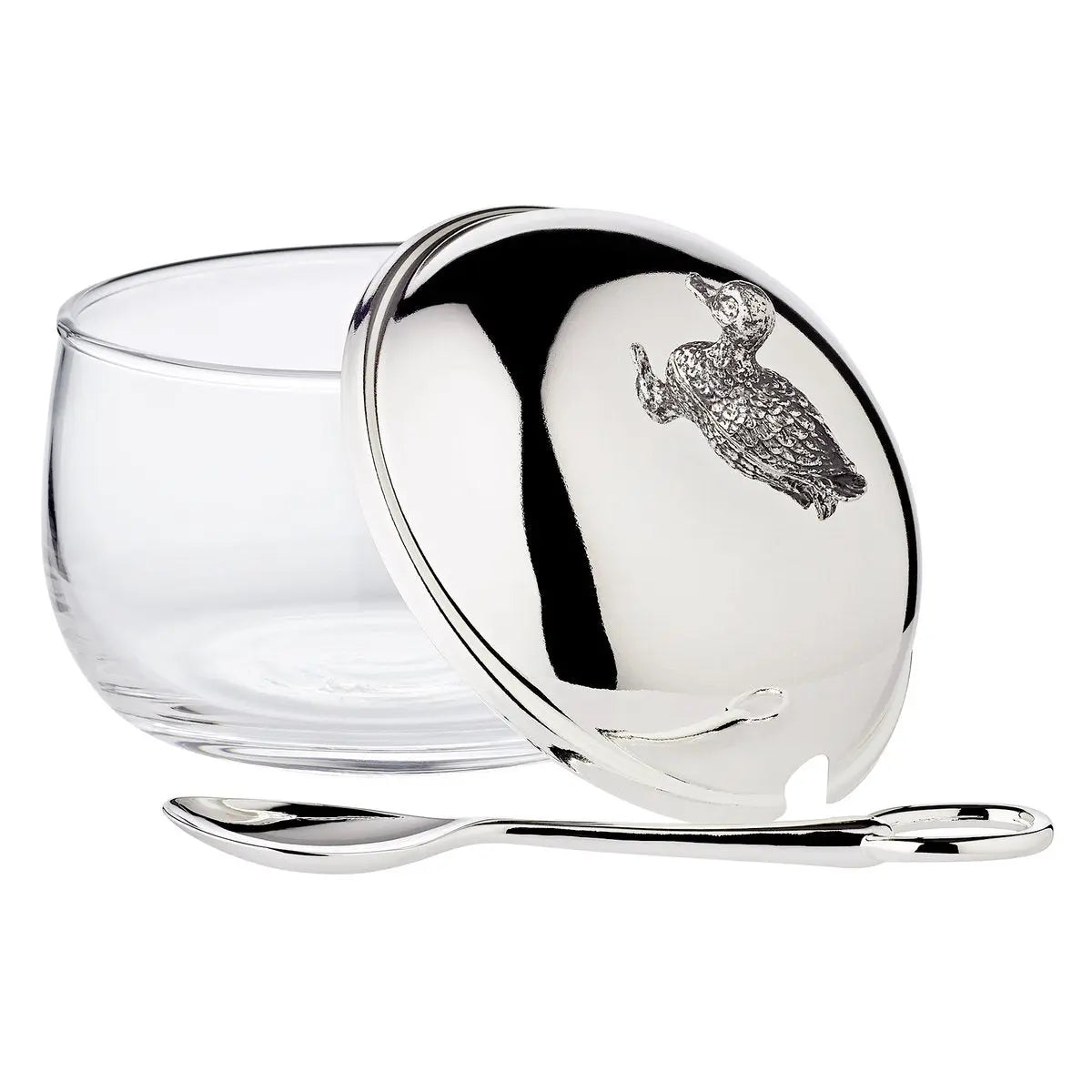 Pot à confiture EDZARD canard avec cuillère, noble argenté, hauteur 10 cm, diamètre 10 cm EDZARD-SHOP.com