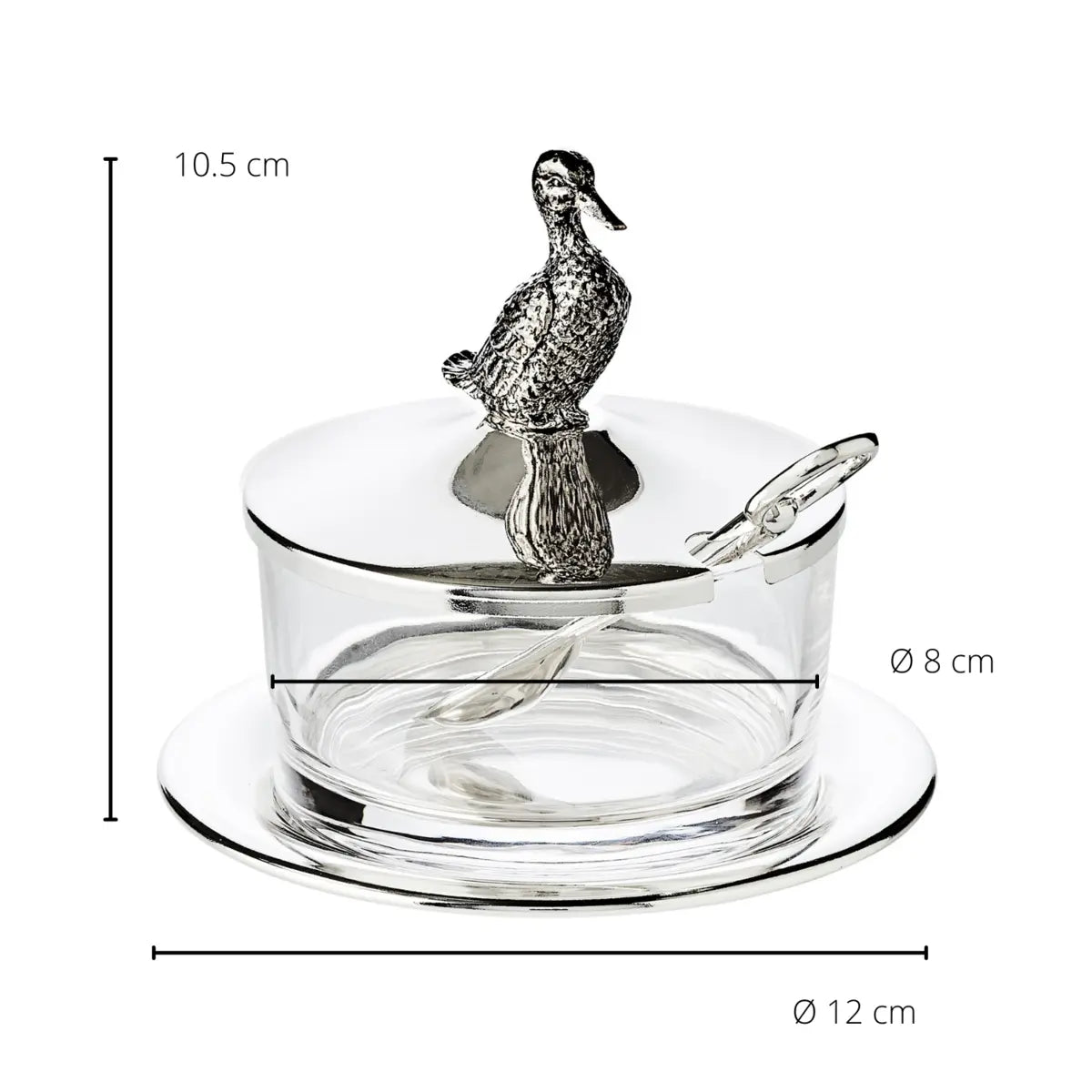 Pot à confiture EDZARD canard avec soucoupe et cuillère, métal argenté, hauteur 12 cm, ø 14 cm, ø verre 9 cm EDZARD-SHOP.com