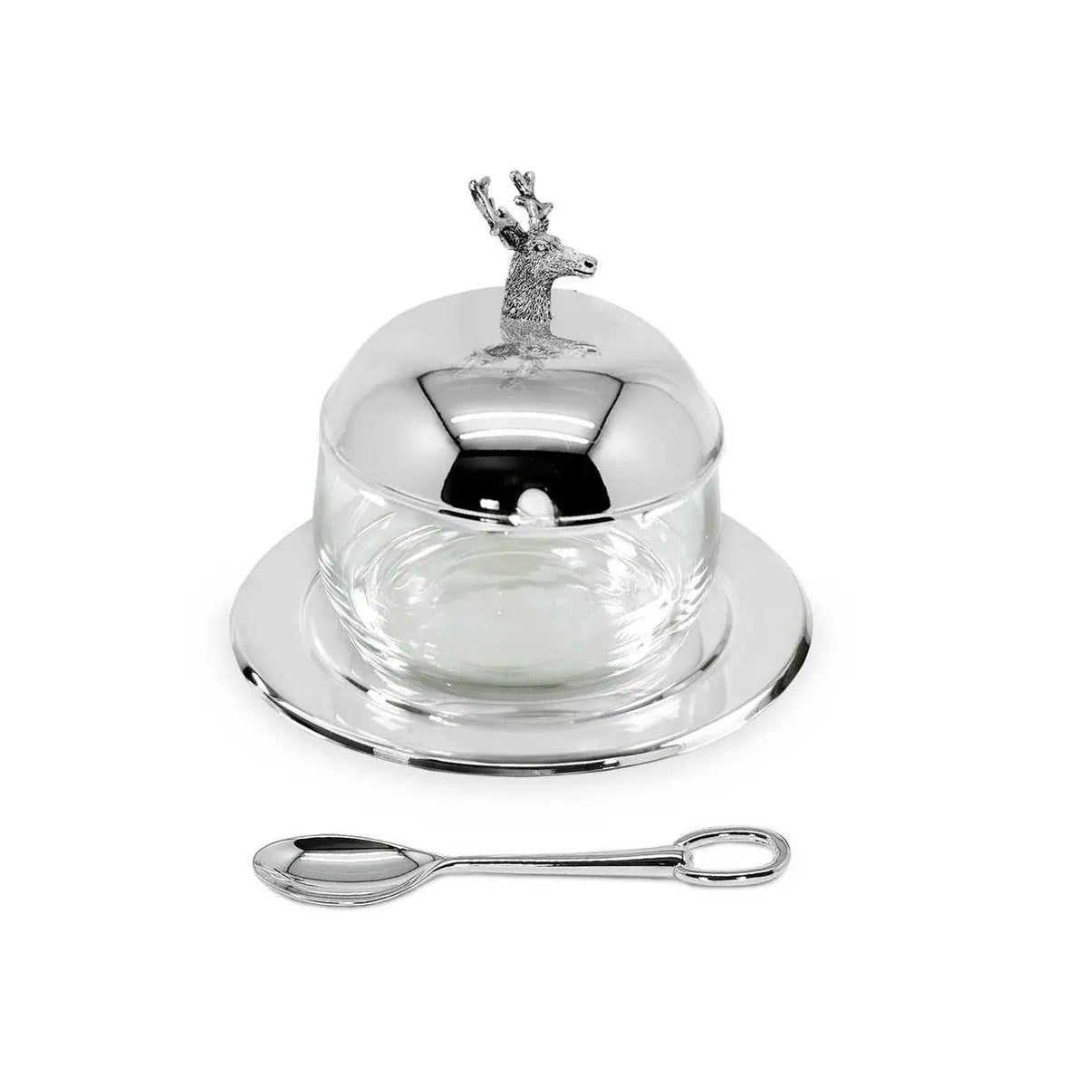 Pot à confiture EDZARD cerf avec soucoupe et cuillère, métal argenté, hauteur 11 cm, ø 14 cm, verre ø 10 cm EDZARD-SHOP.com