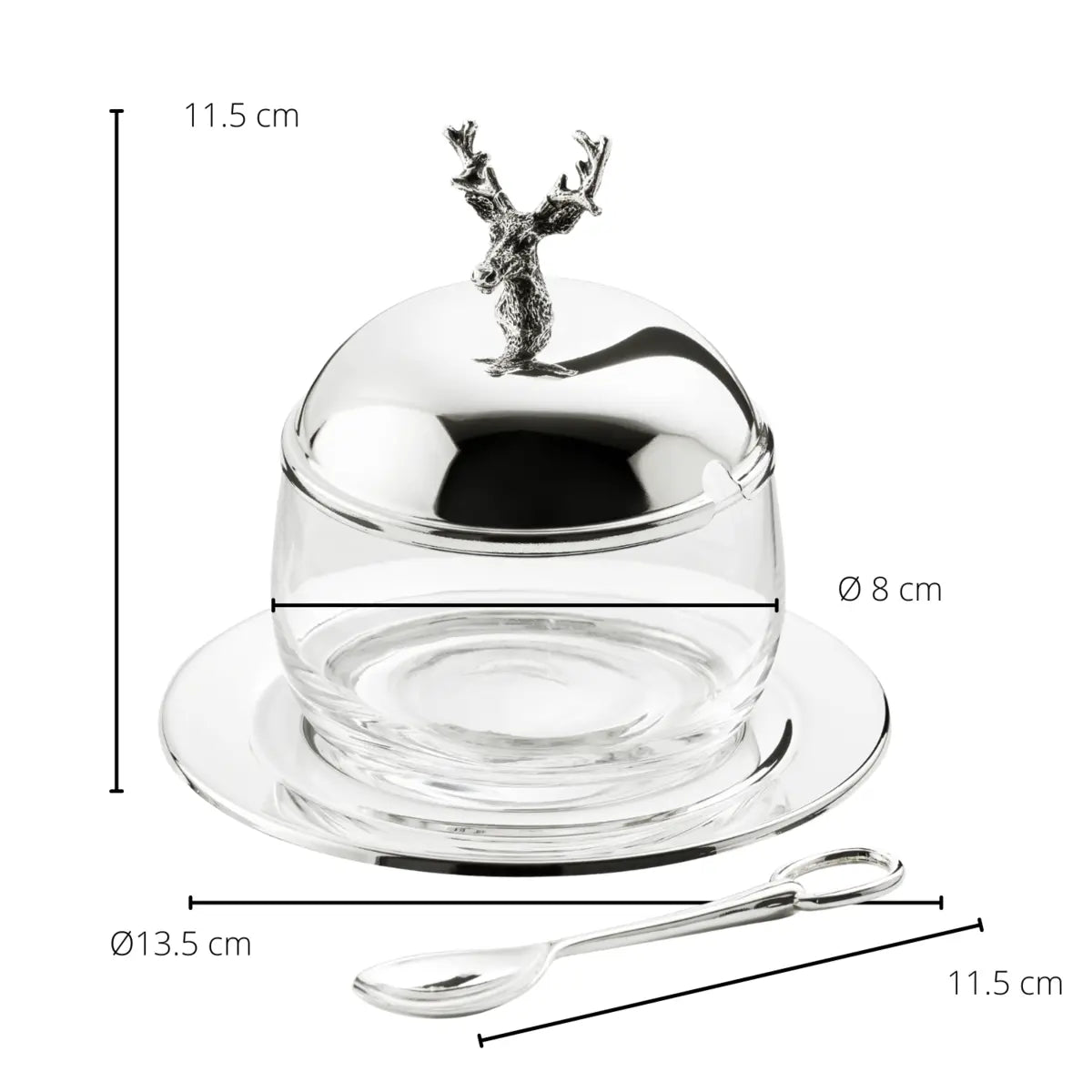 Pot à confiture EDZARD cerf avec soucoupe et cuillère, métal argenté, hauteur 11 cm, ø 14 cm, verre ø 10 cm EDZARD-SHOP.com