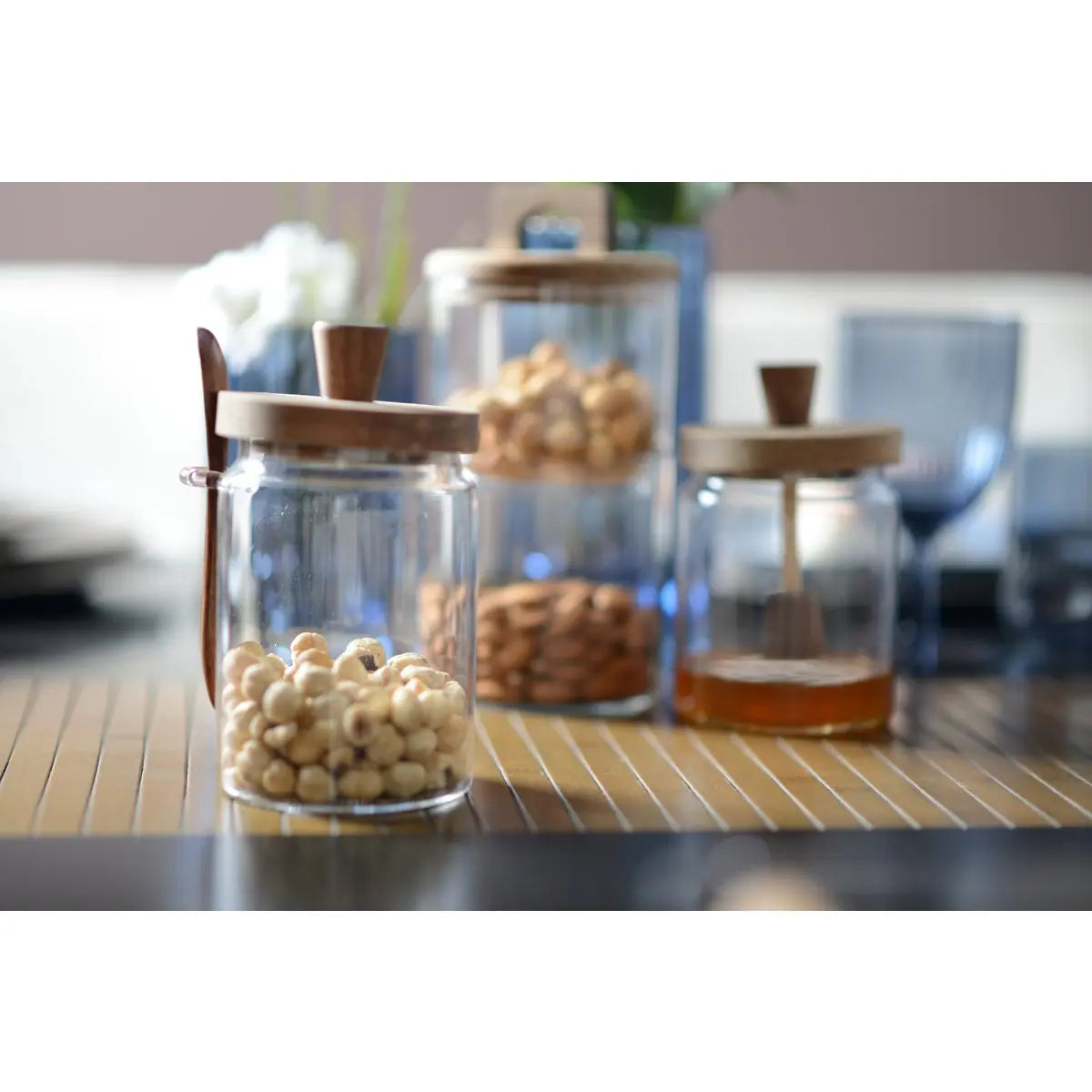Pot à sucre en verre avec couvercle et cuillère en bois AULICA