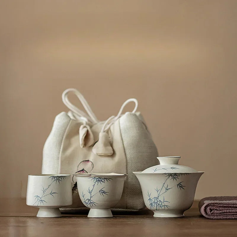 Japanese Powder Yin Hand Drawn Bamboo Tea Set Outdoor Portable Travel Handbag Dropshipman