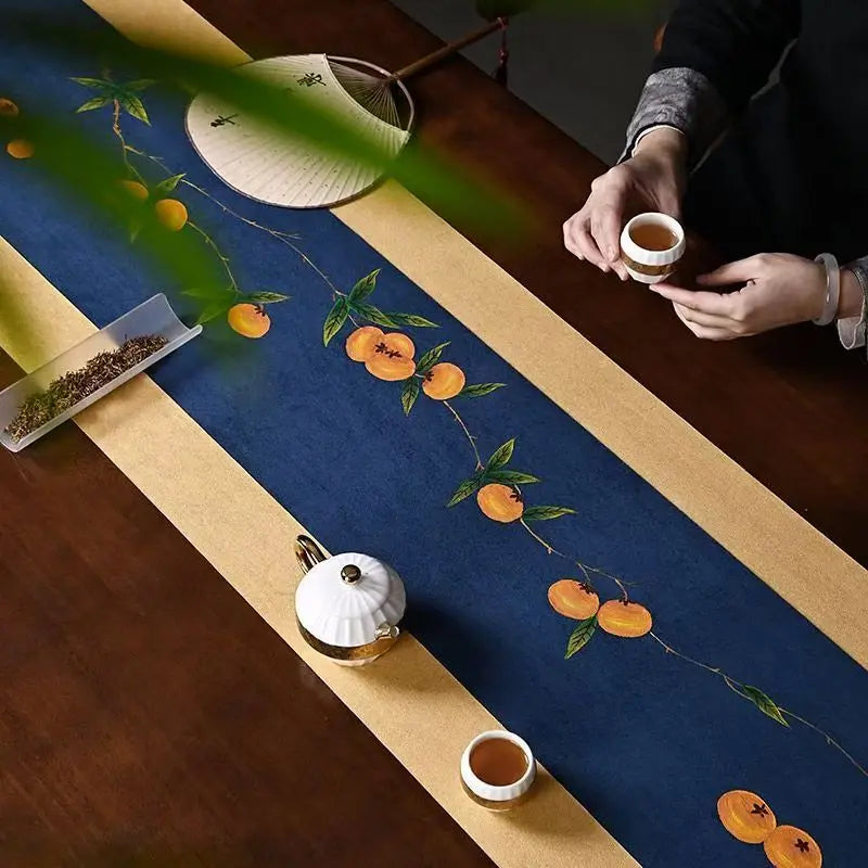 Tea banquet hand-painted waterproof Zen fabric table runner imitation linen simple household national style dry brew high-end Ch Dropshipman