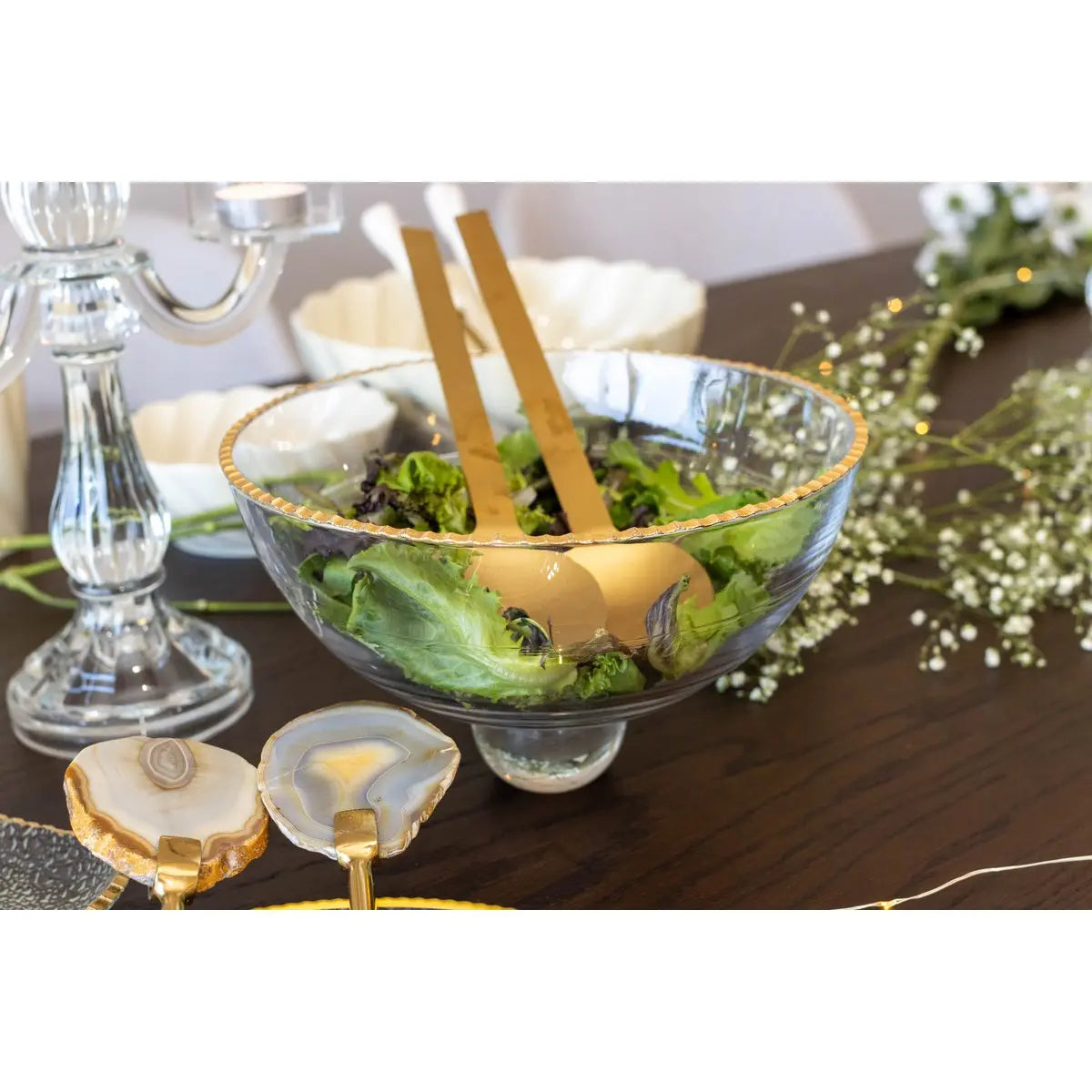 Saladier bord doré sur pied en verre 23.5x23.5x15.5cm AULICA