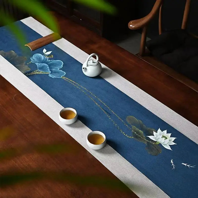 Tea banquet hand-painted waterproof Zen fabric table runner imitation linen simple household national style dry brew high-end Ch Dropshipman