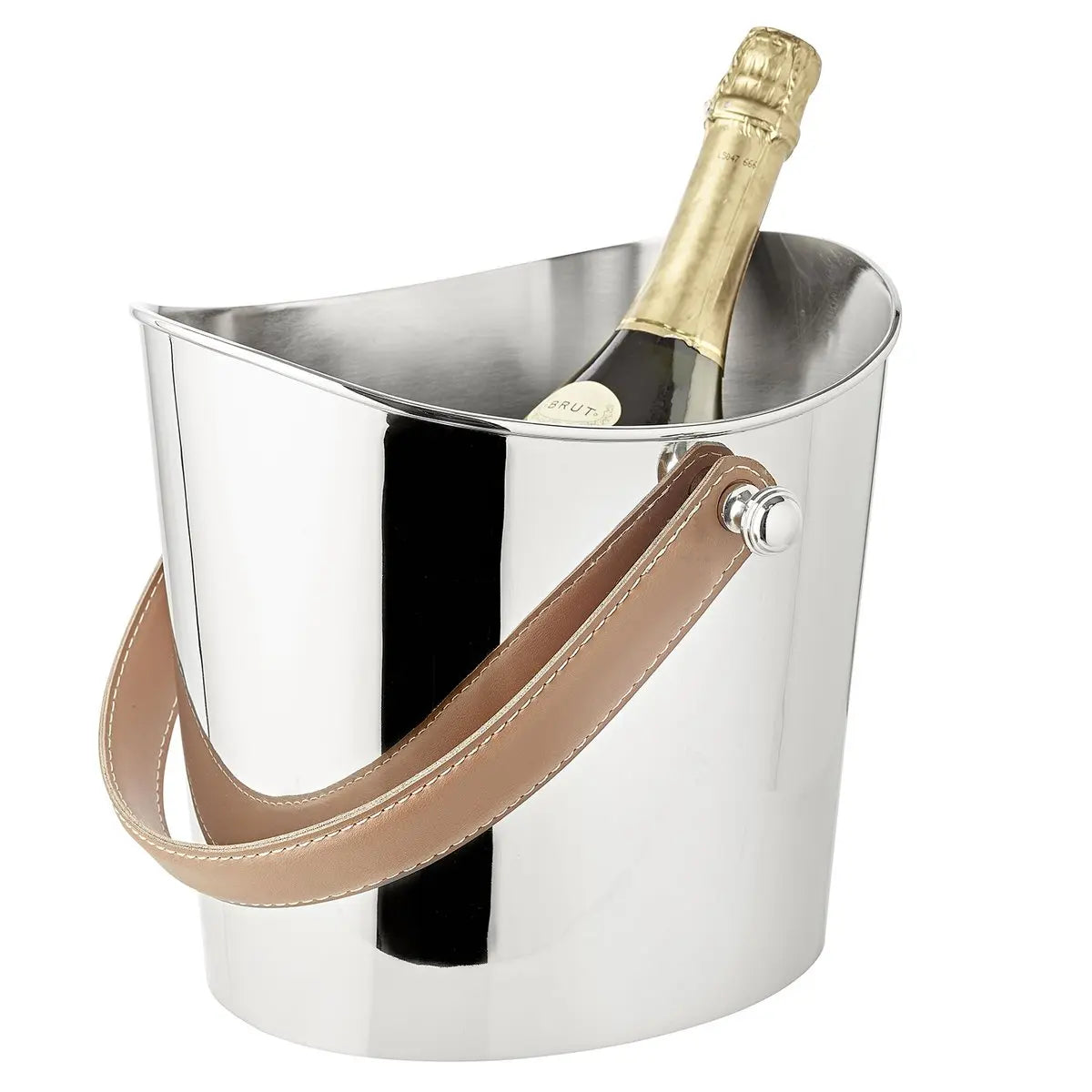 Seau à glace EDZARD Cave à vin Gilbert avec poignée en cuir marron, acier inoxydable nickelé brillant, hauteur 23 cm EDZARD