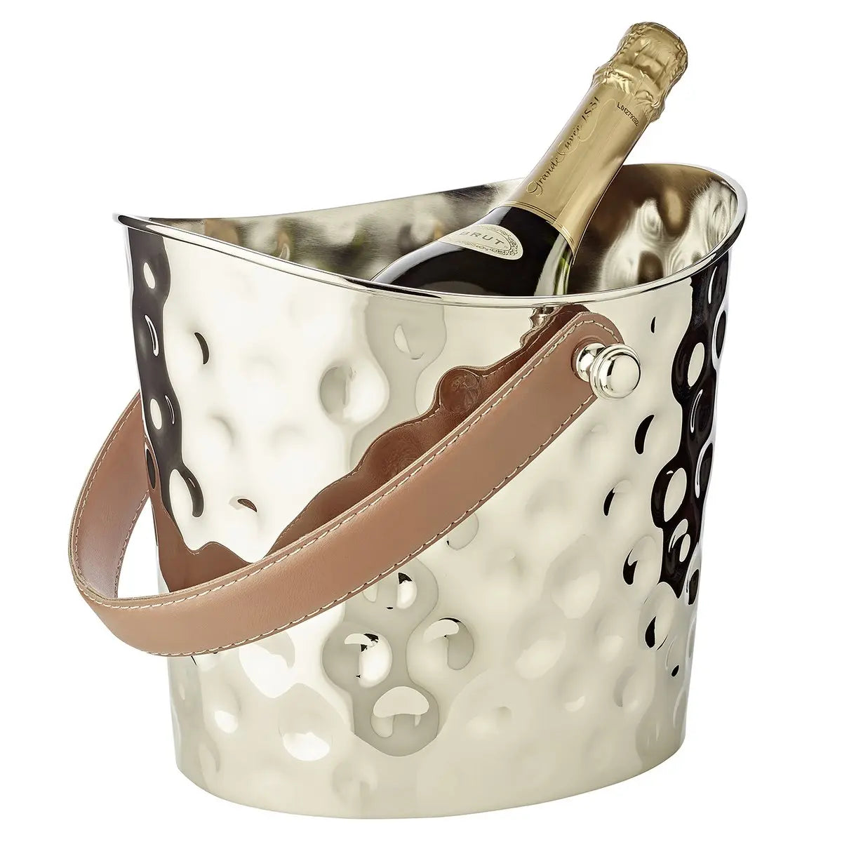 Seau à glace martelé EDZARD Cave à vin Gilbert, avec poignée en cuir marron, acier inoxydable, nickelé brillant, H 23 cm EDZARD-SHOP.com