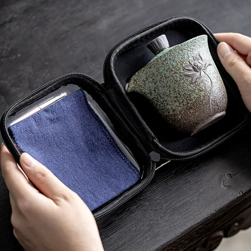 Service thé portable céramique 1 théière 2 tasses – Coffret voyage artisanal avec sac rangement Dropshipman