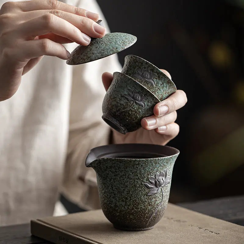 Service thé portable céramique 1 théière 2 tasses – Coffret voyage artisanal avec sac rangement Dropshipman