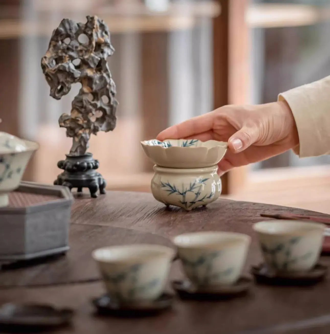 Service thé traditionnel chinois céramique Kung Fu – Porcelaine peinte main herbe gris bambou bleu art du thé Dropshipman